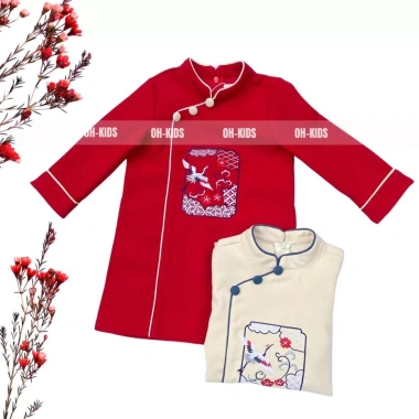 Áo dài tết bé trai màu đỏ kem thêu hạc mẫu OH KIDS OH25 - Giá 175.000 VND