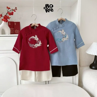 Áo dài tết bé trai nhung mềm, cách tân thêu hạc + quần lụa cao cấp SCE KIDS S003
