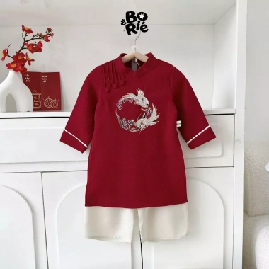 Áo dài tết bé trai nhung mềm, cách tân thêu hạc + quần lụa cao cấp SCE KIDS S003 2