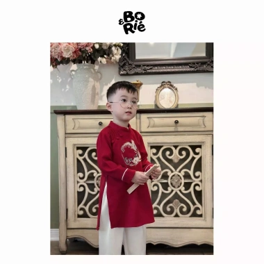 Áo dài tết bé trai nhung mềm, cách tân thêu hạc + quần lụa cao cấp SCE KIDS S003 3