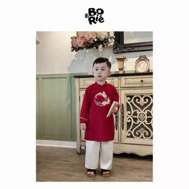 Áo dài tết bé trai nhung mềm, cách tân thêu hạc + quần lụa cao cấp SCE KIDS S003 4