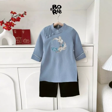 Áo dài tết bé trai nhung mềm, cách tân thêu hạc + quần lụa cao cấp SCE KIDS S003 5