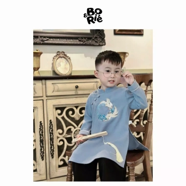 Áo dài tết bé trai nhung mềm, cách tân thêu hạc + quần lụa cao cấp SCE KIDS S003 6