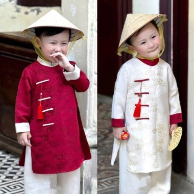 Áo dài tết bé trai Tường An đỏ kem - Bảo Long, gấm dệt Vân Sơn mềm, form đẹp bảnh, siu sang - 292k