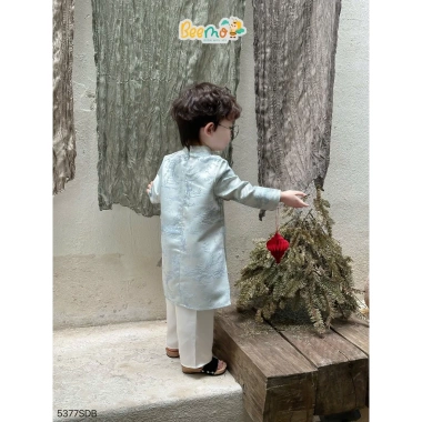 Áo dài tết bé trai vải gấm cao cấp họa tiết thủy mặc kèm quần lụa cạp chun BEEMO 5.377SDB - 239k 4