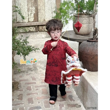 Áo dài tết bé trai vải gấm cao cấp họa tiết thủy mặc kèm quần lụa cạp chun BEEMO 5.377SDB - 239k 5