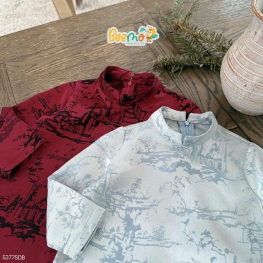 Áo dài tết bé trai vải gấm cao cấp họa tiết thủy mặc kèm quần lụa cạp chun BEEMO 5.377SDB - 239k 9