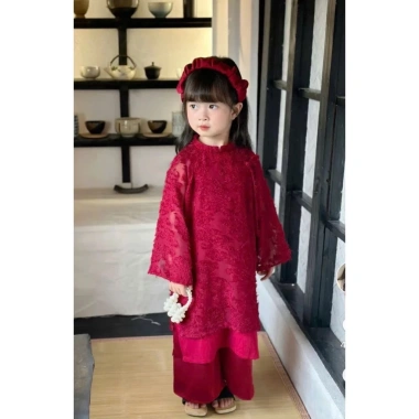Áo Dài Tết Cách Tân Gấm Hoa Đỏ cho Bé Gái 10-30kg - Giảm còn 225k 2