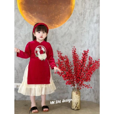 Áo Dài Tết Cách Tân Nhung Đỏ Đính Hoa Cho Bé Gái 8-38kg Giá 270k Giảm Sốc