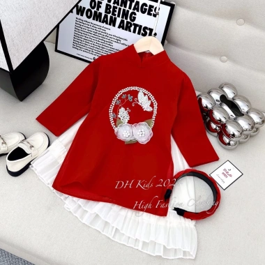Áo Dài Tết Cách Tân Nhung Đỏ Đính Hoa Cho Bé Gái 8-38kg Giá 270k Giảm Sốc
