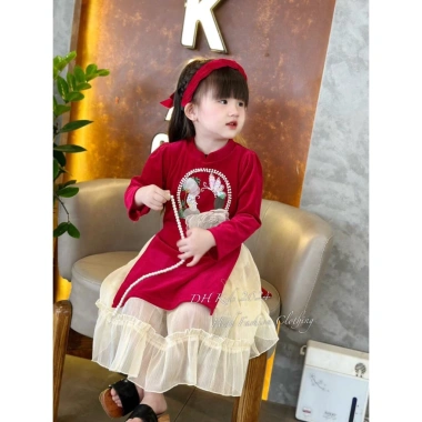 Áo Dài Tết Cách Tân Nhung Đỏ Đính Hoa Cho Bé Gái 8-38kg Giá 270k Giảm Sốc