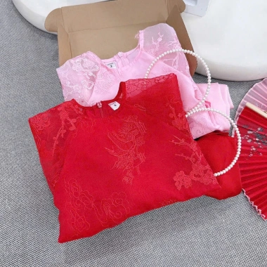 Áo Dài Tết Cách Tân Ren Hai Lớp Thêu Hoa Siêu Đẹp Cho Bé Gái 10-30Kg Giá Ưu Đãi