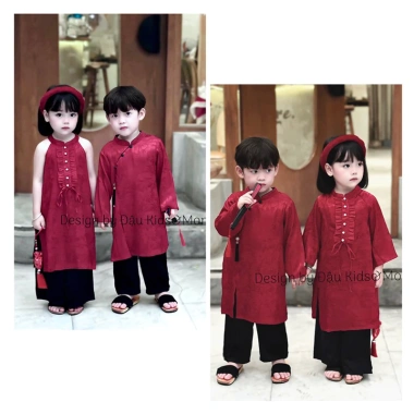 Áo dài Tết Cát Tường lụa gấm cho mẹ & bé, kèm quần đen Đậu Kids&Mom - 290k 2