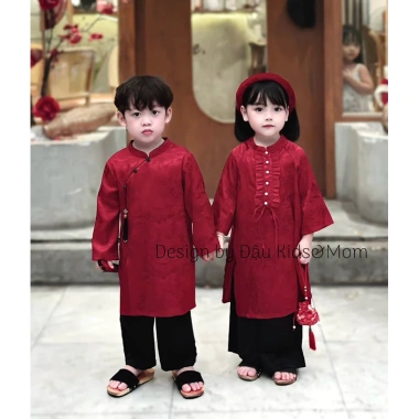 Áo dài Tết Cát Tường lụa gấm cho mẹ & bé, kèm quần đen Đậu Kids&Mom - 290k 4