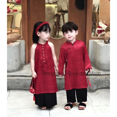 Áo dài Tết Cát Tường lụa gấm cho mẹ & bé, kèm quần đen Đậu Kids&Mom - 290k 5
