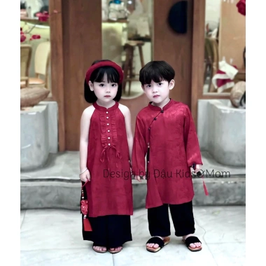 Áo dài Tết Cát Tường lụa gấm cho mẹ & bé, kèm quần đen Đậu Kids&Mom - 290k 10