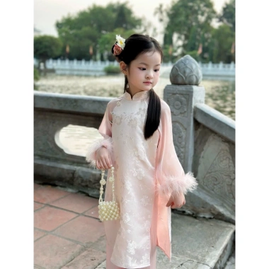 Áo dài Tết cho bé iu 1 phoi tơ sống, tay lông sang trọng, dễ thương - Giảm 22% còn 369.000đ