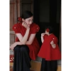 Áo Dài Tết Gấm Đỏ Tay Hoa Quần Lụa Set Sườn Xám Đỏ cho Mẹ & Bé HANNAHBABY 370k