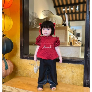 Áo Dài Tết Gấm Đỏ Tay Hoa Quần Lụa Set Sườn Xám Đỏ cho Mẹ & Bé HANNAHBABY 370k 4