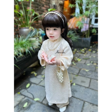 Áo Dài Tết Kem Kim Sa Sang Chảnh cho Mẹ và Bé 9-35kg - HANNAHBABY giá 440k 6