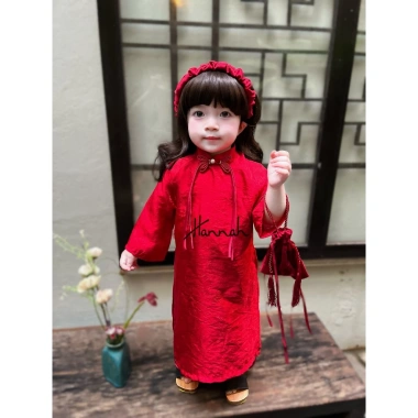 Áo Dài Tết Lụa Gấm Đỏ Đính Nơ Siêu Xinh Cách Tân Cho Mẹ và Bé - HANNAHBABY