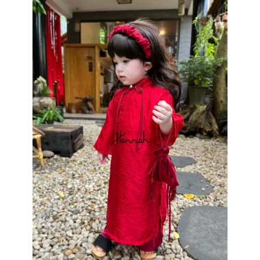 Áo Dài Tết Lụa Gấm Đỏ Đính Nơ Siêu Xinh Cách Tân Cho Mẹ và Bé - HANNAHBABY