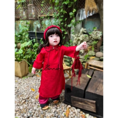 Áo Dài Tết Lụa Gấm Đỏ Đính Nơ Siêu Xinh Cách Tân Cho Mẹ và Bé - HANNAHBABY