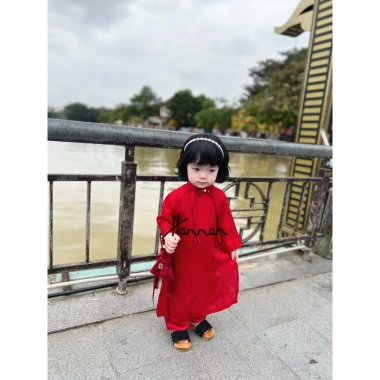 Áo Dài Tết Lụa Gấm Đỏ Đính Nơ Siêu Xinh Cách Tân Cho Mẹ và Bé - HANNAHBABY