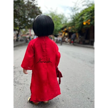 Áo Dài Tết Lụa Gấm Đỏ Đính Nơ Siêu Xinh Cách Tân Cho Mẹ và Bé - HANNAHBABY