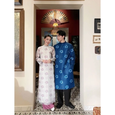 Áo dài Tết PT22 vàng tafta họa tiết lân, tay phối màu may mắn cho gia đình - 140.000 VND 6