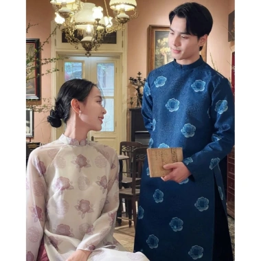 Áo dài Tết PT22 vàng tafta họa tiết lân, tay phối màu may mắn cho gia đình - 140.000 VND 7