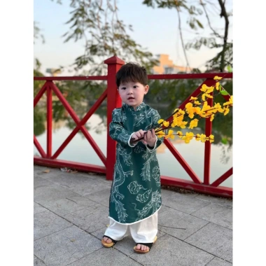 Áo dài Tết Trung Thu 2.026 bé trai vải gấm Hoàng Long 3 màu Ngọc Diệp ND25.967 giá 80.000 VND 4