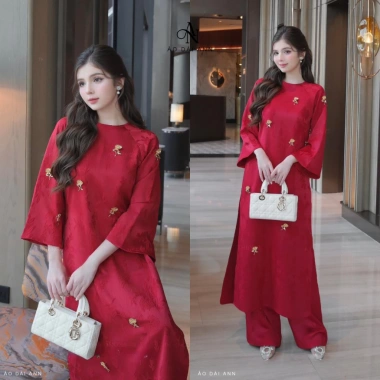 Áo Dài Thanh Mai Đính Charm Gấm Tết Dáng Suông Áo Quần ANN 279k