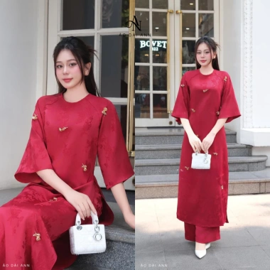 Áo Dài Thanh Mai Đính Charm Gấm Tết Dáng Suông Áo Quần ANN 279k