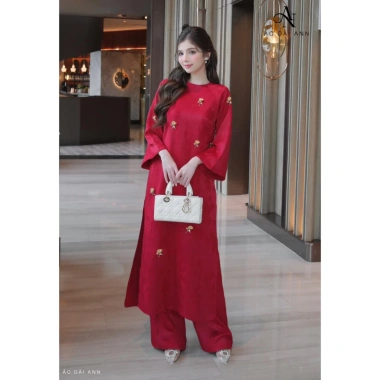 Áo Dài Thanh Mai Đính Charm Gấm Tết Dáng Suông Áo Quần ANN 279k