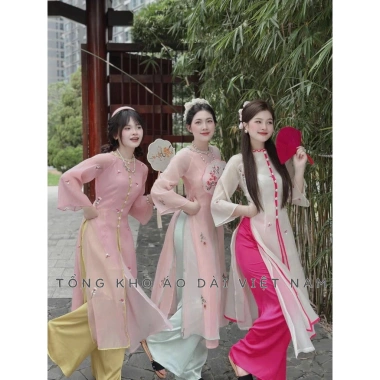 Áo dài tơ thêu 4 tà xẻ trước, cổ viền nhiều màu - Siêu xinh Tết, giá 365k giảm từ 449k 5