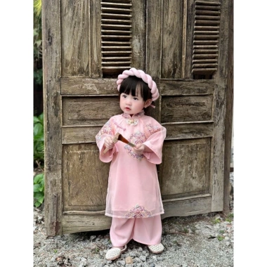 Áo dài tơ thêu bé gái 3-17kg, mấn tặng kèm, áo dài Tết giá 225k giảm từ 283.5k 2