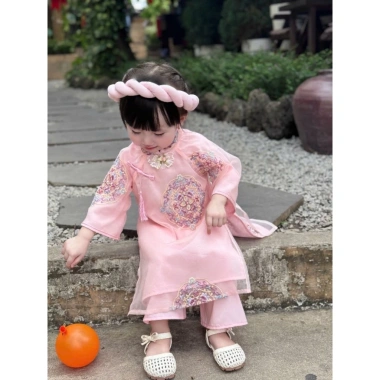 Áo dài tơ thêu bé gái 3-17kg, mấn tặng kèm, áo dài Tết giá 225k giảm từ 283.5k 6