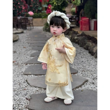 Áo dài tơ thêu bé gái 3-17kg, mấn tặng kèm, áo dài Tết giá 225k giảm từ 283.5k 8
