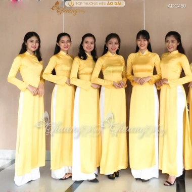 Áo Dài Trơn Bóng Truyền Thống Chaang ADC450 Vải Lụa Phi Vàng Cúc Đẹp Form Ôm Giá Rẻ