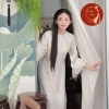 Áo dài truyền thống dáng xuông gấm thọ tay loe phối lông vũ đính kết tỉ mỉ khuyến mãi 365.000