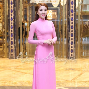 Áo dài truyền thống hồng phấn Chaang May ADC591 lụa Mỹ co giãn 4 chiều cao cấp, form đẹp