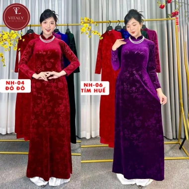 Áo Dài Truyền Thống Mẹ Trung Niên Set 2 Tà Nhung Hoa Co Giãn, Cổ Cao 2cm Vitaly - 88.000