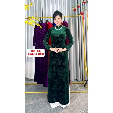 Áo Dài Truyền Thống Mẹ Trung Niên Set 2 Tà Nhung Hoa Co Giãn, Cổ Cao 2cm Vitaly - 88.000