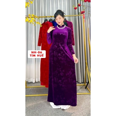 Áo Dài Truyền Thống Mẹ Trung Niên Set 2 Tà Nhung Hoa Co Giãn, Cổ Cao 2cm Vitaly - 88.000