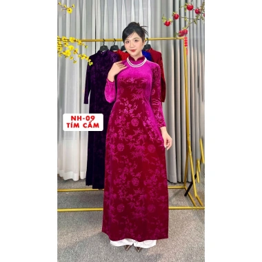 Áo Dài Truyền Thống Mẹ Trung Niên Set 2 Tà Nhung Hoa Co Giãn, Cổ Cao 2cm Vitaly - 88.000