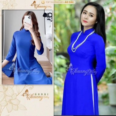 Áo dài xanh coban Chaang ADC591 – May sẵn lụa Mỹ, cô ban cao, dự tiệc lễ tết