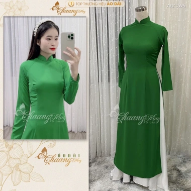 Áo Dài Xanh Lá Truyền Thống ADC591 Lụa Thái Cổ Sen Cao Tay Dài Giá 261k - May Sẵn 2