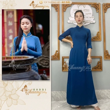 Áo Dài Xanh Navy Cổ Vịt May Sẵn 2 Tà Thuyền Thống Lụa Đẹp Giá 261.124 VND