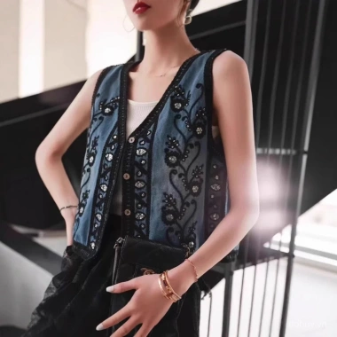Áo denim thêu sequin style Trung Quốc – Vest nữ không tay đa năng, thời trang Áo denim thêu sequin style Trung Quốc – Vest nữ không tay đa năng, thời trang